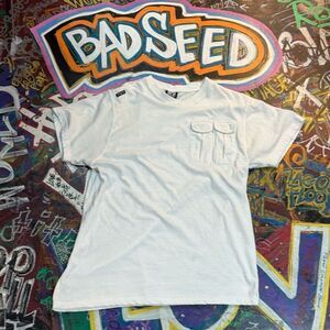 Y2K ENYCE White V-Neck Hip-Hop Tee with Double Chest Pockets - Men’s Large​